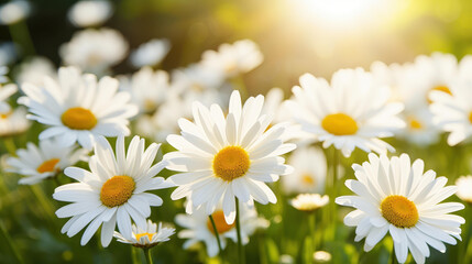 Fototapeta premium Captivating stock photo of white daisies in bloom, bathed in soft sunlight, evoking a dreamy and tranquil atmosphere for naturethemed designs.