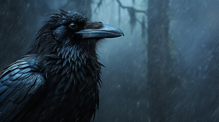 Fototapeta premium A brave crow defies natures wrath in a thunderstorm, showcasing resilience with rainsoaked feathers.