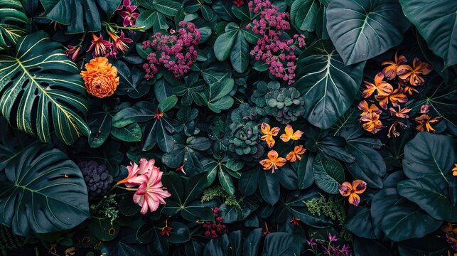 Lush Green Foliage with Vibrant Flowers Creating a Tropical Paradise