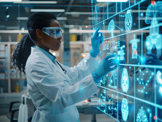 a woman wearing a white coat and goggles