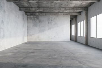 Obraz premium Empty warehouse storage space in grey neutral tones with copy space. Commercial Real Estate concept image.