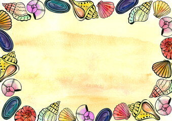A horizontal frame of sea shells of different shapes and colors. Drawing with a black outline. Watercolor fill. Watercolor sand color copy space. Summer postcard, certificate. Tropical pattern.
