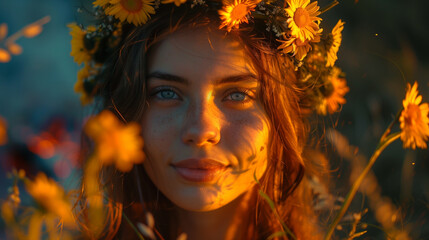 A woman with long, flowing hair wears a crown of sunflowers and gazes serenely at the camera. The golden light of the setting sun bathes her face in warmth