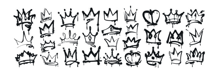 Vector spray paint crown set. Black ink graffiti king, queen or prince crowns with splashes and drips on white background. Hand drawn princess tiara and diadem. Royal head accessories in street style. © redgreystock