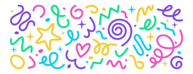 Colorful squiggly lines, abstract squiggles in childish doodle style. Color hand drawn various shapes, strokes, swirl. Freeform set on white background. Trendy drawing for children party celebration.