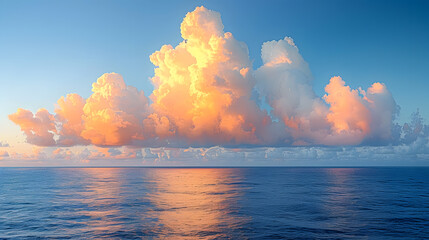 Cirrus clouds are tinged pink by the sun at sunset over a calm blue sea