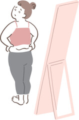 自分の後ろ姿を鏡で見ている女性のイラスト素材