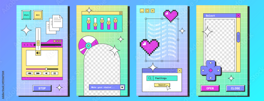 Wall mural y2k vaporwave social media posters with retro desktop computer interface with button, player, messag