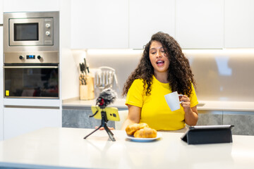 Content creator streaming online while having breakfast at home