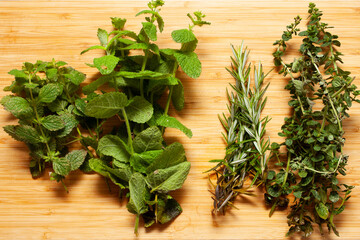 view from above of herbs on a cutting board