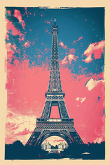 France Eiffel Tower in retro and grunge style, old fashioned poster for travel, Frence citymark