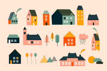 Various small tiny houses, trees and mountains. Paper cut style. Flat design. Hand drawn trendy illustration. Big colored vector set. All elements are isolated