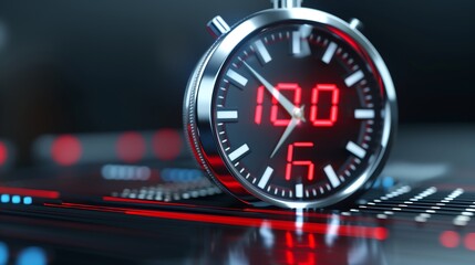 Sleek round stopwatch with red LED display showing 100 indicating countdown or significant moment with urgency
