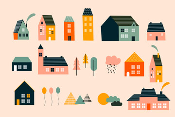 Obraz premium Various small tiny houses, trees and mountains. Paper cut style. Flat design. Hand drawn trendy illustration. Big colored vector set. All elements are isolated