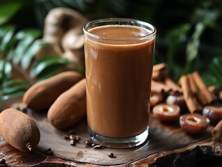 Exotic tamarind juice in a glass, tamarind pods, tropical theme, earthy and natural tones