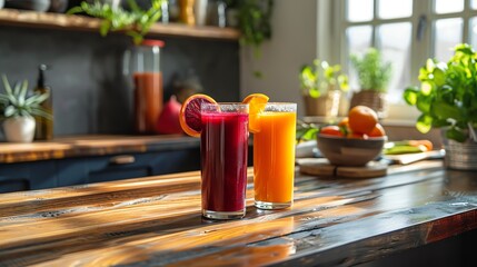 Freshly pressed beetroot and orange juice, vibrant red and orange hues, health and wellness theme, modern kitchen counter