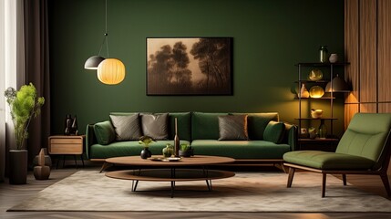 Elegant and cozy living room interior brown and green colored furniture and wooden elements