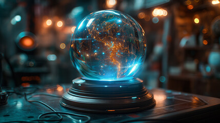 A glass globe with a blue and orange swirl inside