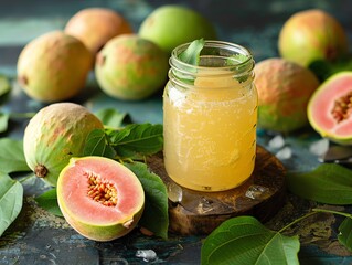 Guava juice in a rustic jar, guava fruits and leaves around, natural and earthy tones, outdoor picnic setup