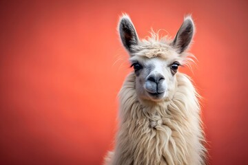Obraz premium A Llama Is Standing In Front Of A Red Background. The Llama Is Looking At The Camera With A Curious Expression.