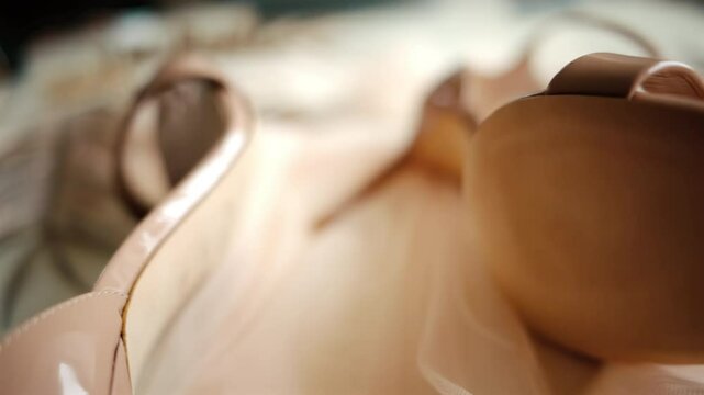 A beige pair of strappy heels on a piece of tulle