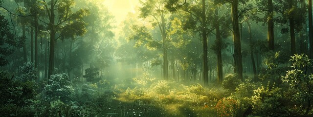 Obraz premium Digital artwork featuring a lush forest scene against a backdrop of verdant green wallpaper, immersing viewers in the tranquility of nature. 