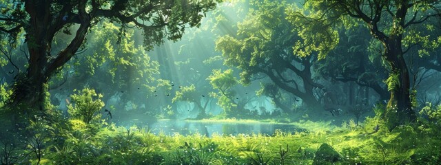 Fototapeta premium Digital artwork featuring a lush forest scene against a backdrop of verdant green wallpaper, immersing viewers in the tranquility of nature. 