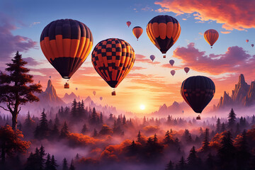 Fototapeta premium Fantasy hot air balloons at sunset in the sky design. 