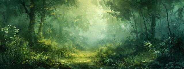 Obraz premium Digital artwork featuring a lush forest scene against a backdrop of verdant green wallpaper, immersing viewers in the tranquility of nature. 