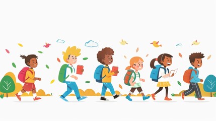 Fototapeta premium Group of kids going to school together on a sunny morning, diverse elementary school students wearing backpacks, walking and chatting happily, emphasizing friendship and education concepts, ideal for 