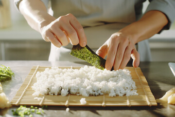 A person preparing sushi, spreading rice on a nori sheet in a well-lit kitchen with a bamboo mat.