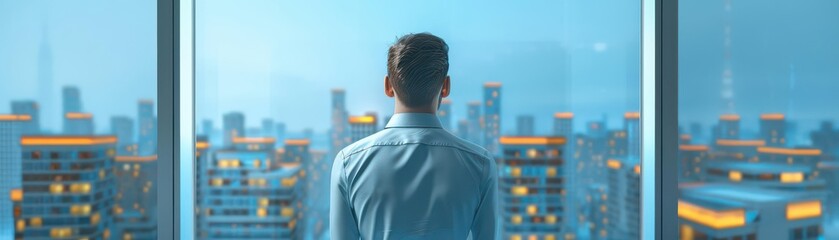 Businessman Contemplating Success Cityscape View from Office Window