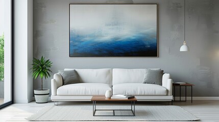 A minimalist living room with a white sofa, a small coffee table, and a single piece of abstract art on the wall, creating a clean and uncluttered environment.