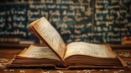 Obraz premium Open textbooks with background of mathematical and scientific formulas, educational concept with blank copy space for text and learning resources, ideal for school, education, and academic themes