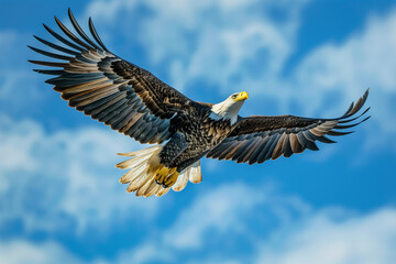 Obraz premium A lonely bald eagle is flying in the blue sky 