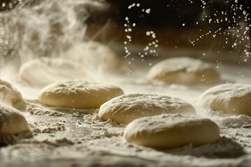 Baking dough for fresh pizza, flour on the table with several circular shapes of white fat dough on it, dark background, blurred round dusters in the foreground, closeup.