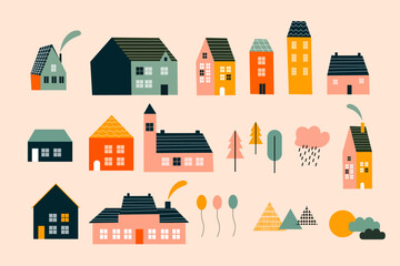 Obraz premium Various small tiny houses, trees and mountains. Paper cut style. Flat design. Hand drawn trendy illustration. Big colored vector set. All elements are isolated