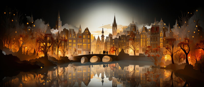 A paper city with internal illumination. Handmade diarama. Evening, illuminated streets.