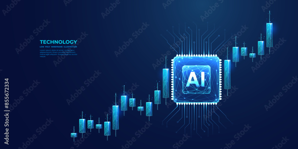 Aufkleber AI chip and stock market candlesticks in low poly wireframe tech blue. Stock market and artificial intelligence background. Forex and trade and AI microchip or processor bg. Vector Illustration. 