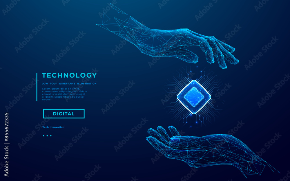 Aufkleber abstract digital hands holding 3d semiconductor ai chip hologram on technology blue background. ai m