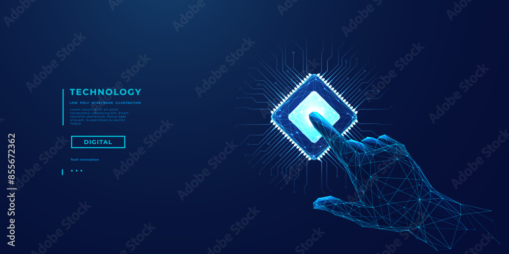 Poster Index human finger presses on a chip or processor. Technology innovation concept. 3D low poly wireframe vector illustration. Abstract digital background. Computing tech bg. Robot hand touching chip