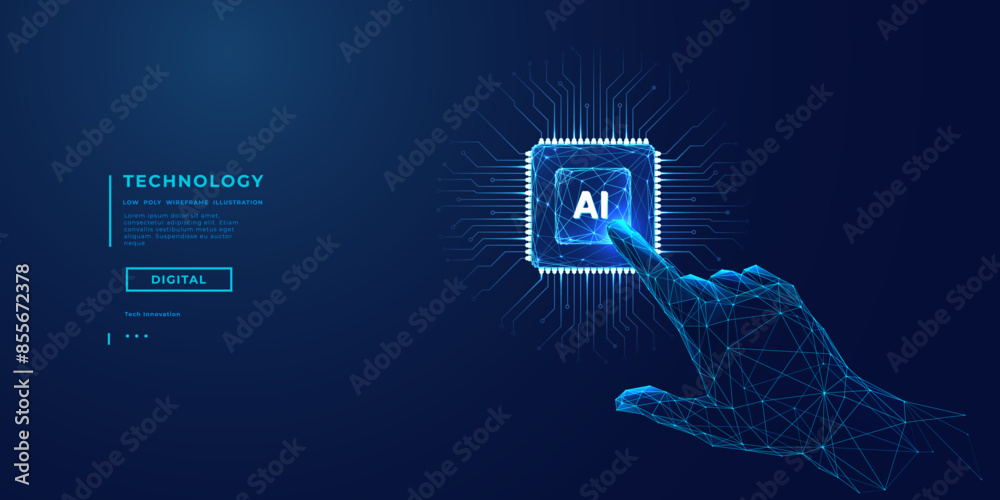 Poster AI innovation concept. Abstract digital background. Index human finger presses on a light blue AI chip or processor. Artificial Intelligence concept. 3D low poly wireframe vector illustration.