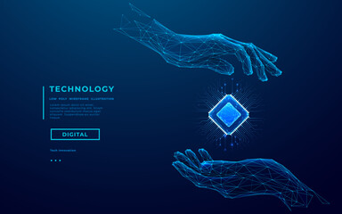 Abstract digital hands holding 3D semiconductor AI chip hologram on technology blue background. AI microchip with circuit elements. Wireframe human hands holding light blue chip. Vector illustration. 