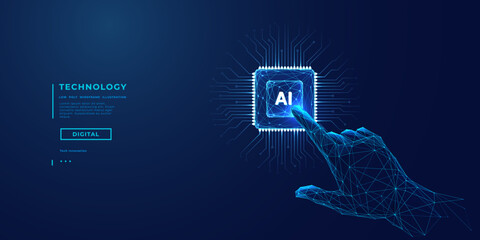 AI innovation concept. Abstract digital background. Index human finger presses on a light blue AI chip or processor. Artificial Intelligence concept. 3D low poly wireframe vector illustration.