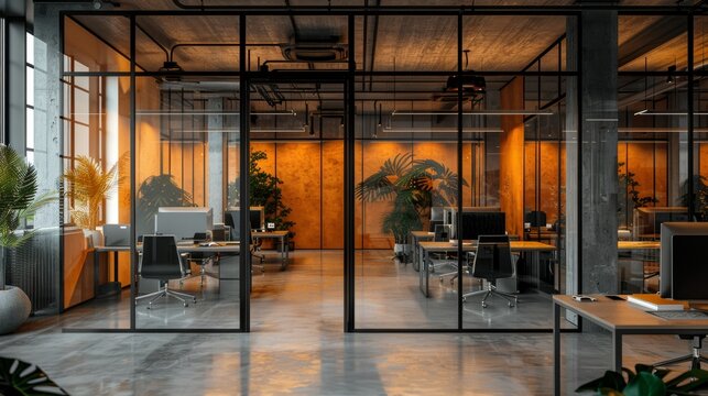 A stylish, modern office space with clear glass partitions, minimalist workstations, and subdued lighting, creating a professional yet inviting environment.