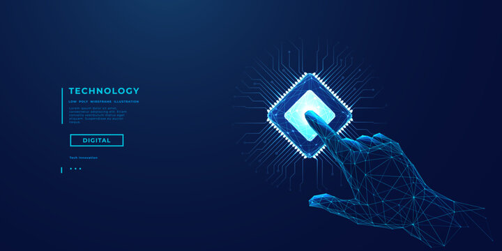 Index human finger presses on a chip or processor. Technology innovation concept. 3D low poly wireframe vector illustration. Abstract digital background. Computing tech bg. Robot hand touching chip
