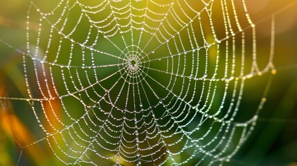 A macro photograph of a spider web covered in dewdrops, highlighting the intricate texture and delicate structure.