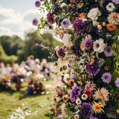 Obraz premium Elegant Outdoor Wedding Ceremony with Floral Arch and Guests