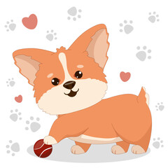 Funny cartoon corgi puppy playing with a ball, children s vector illustration in flat style. For poster, advertising and children s design.