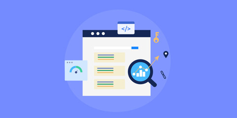 Website ranking on search engine page indicator metrics SEO development optimization for online visibility, vector illustration concept.